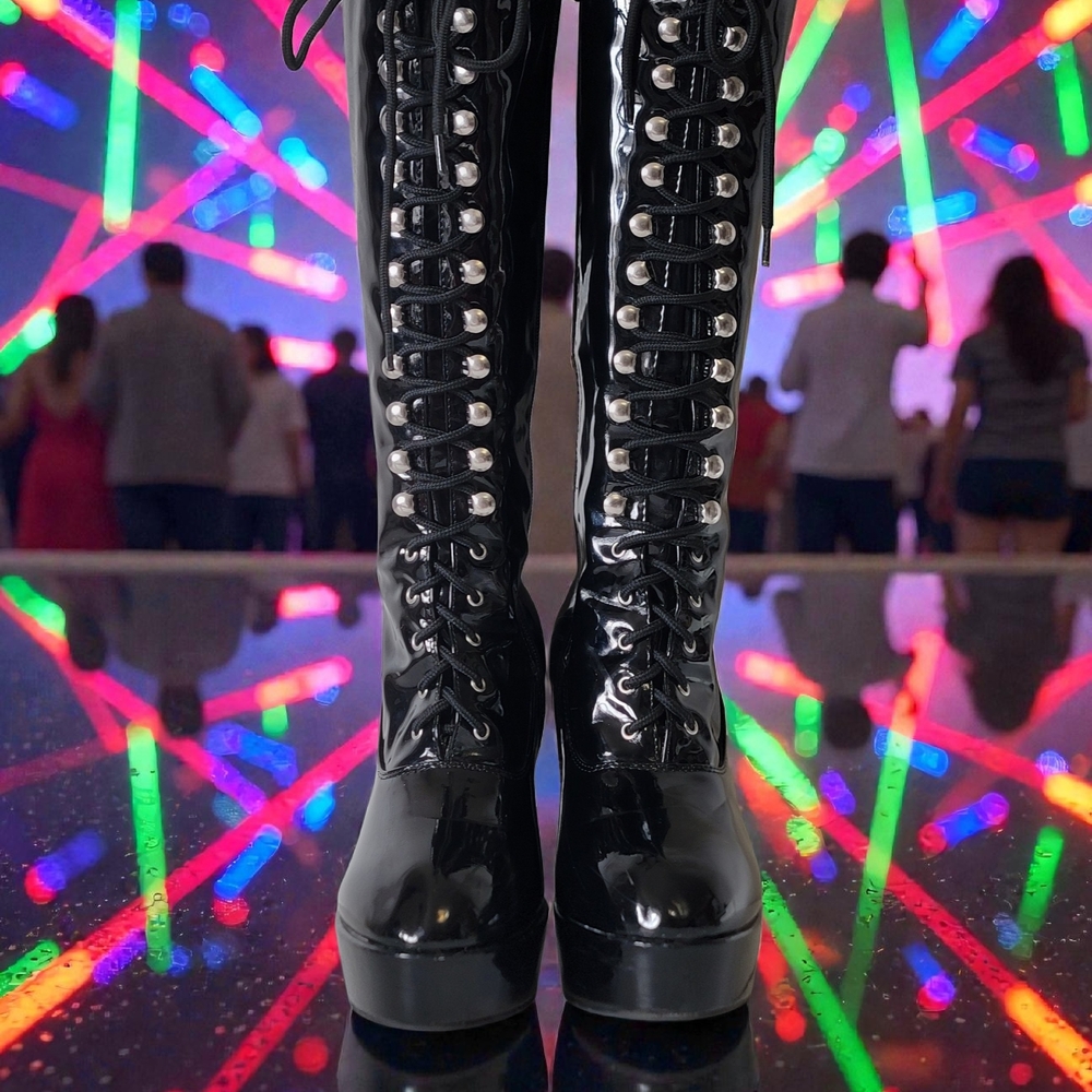 Ellie 5" women's Black Patent Leather Knee-High Boots. Perfect for a night out.